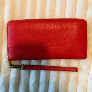 Fossil Red Pebbled Leather Wristlet with Brass Hardware